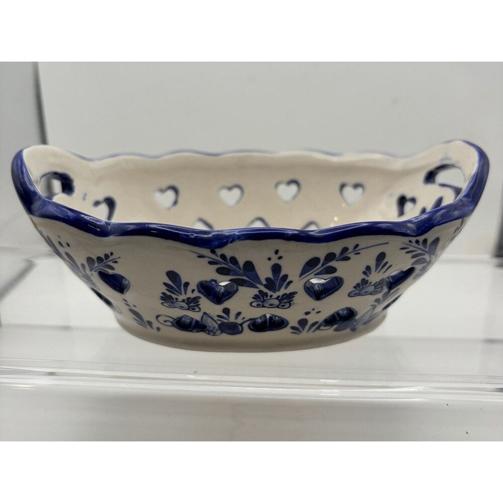 Vintage Delft Blue Ceramic Basket Trinket Dish Windmill Hearts Holland Scalloped
